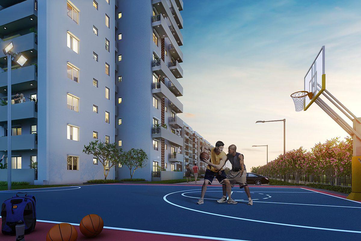 Half basketball court beside the towers (artist's impression)