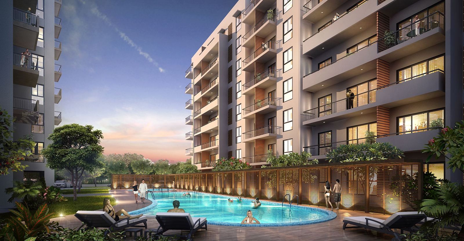 Swimming pool between the blocks at dusk (artist's impression)