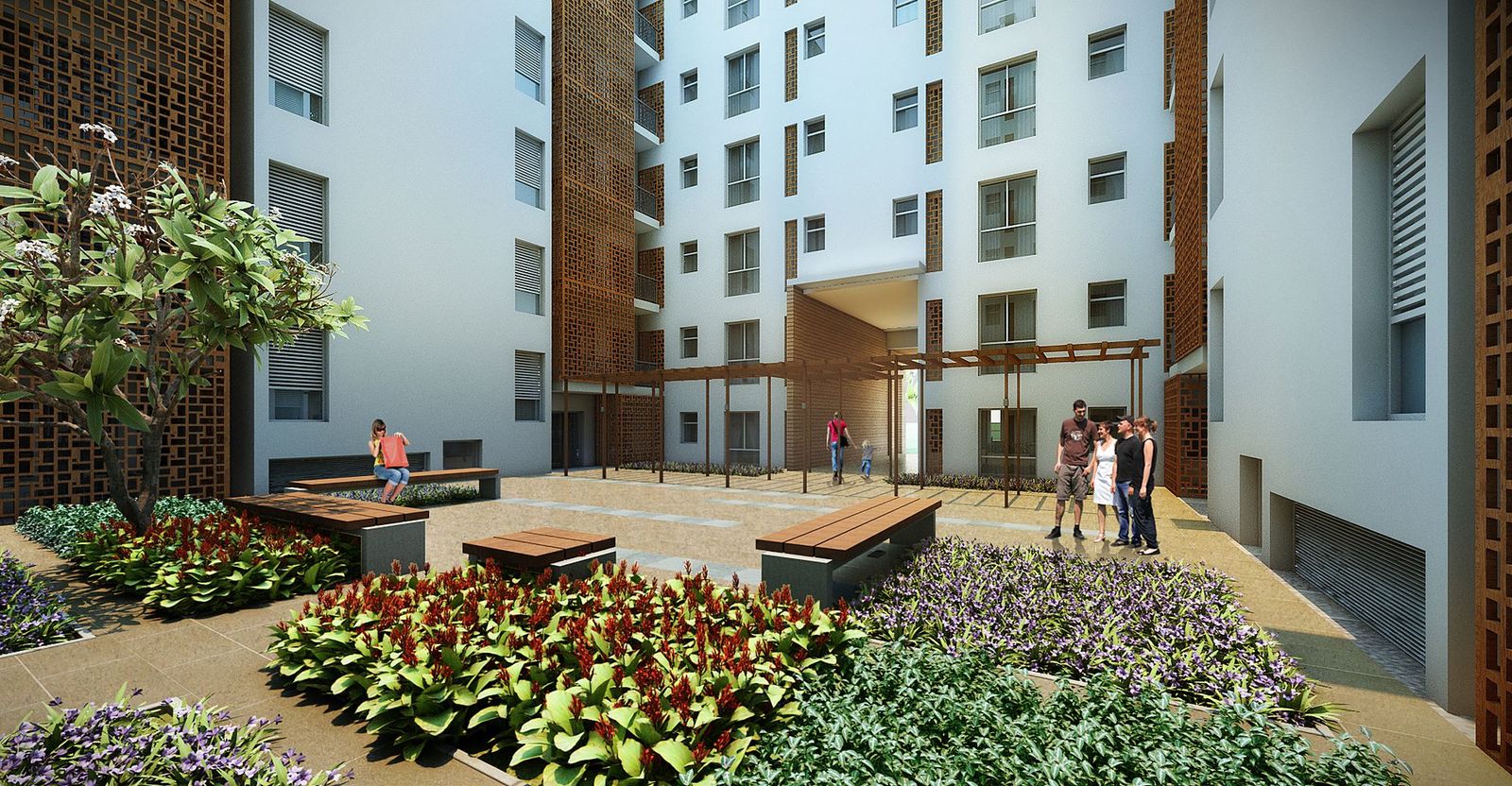 Landscaped entrance court between the mid-rise blocks (artist's impression)