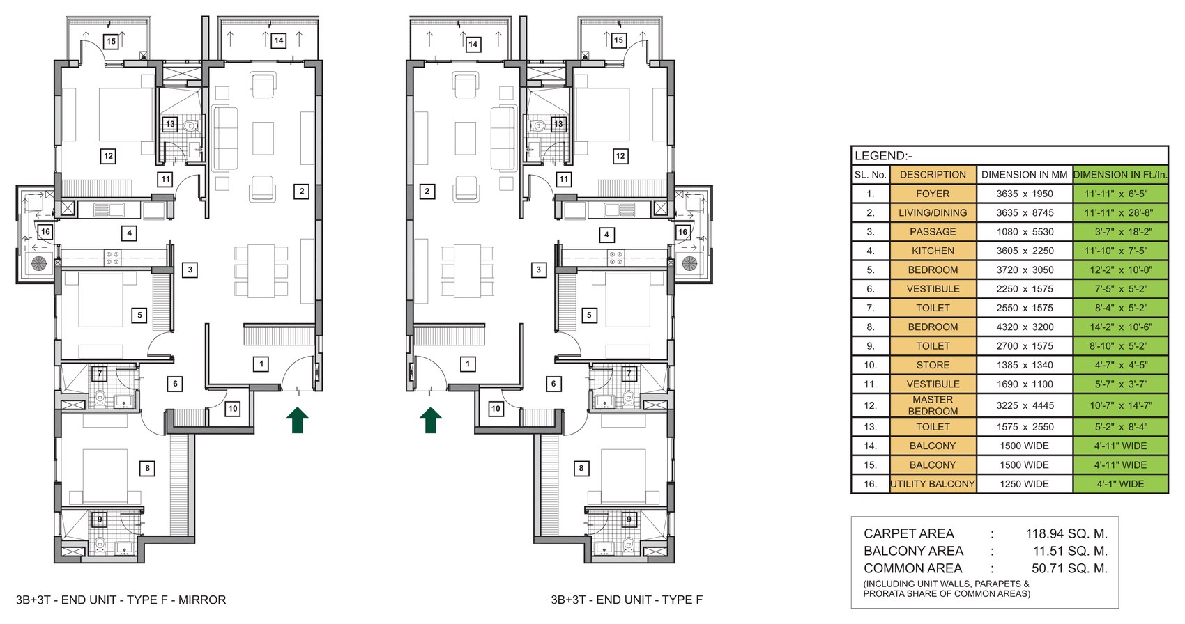 Mid-rise 3 BHK + 3 toilets end unit, Type F floor plan